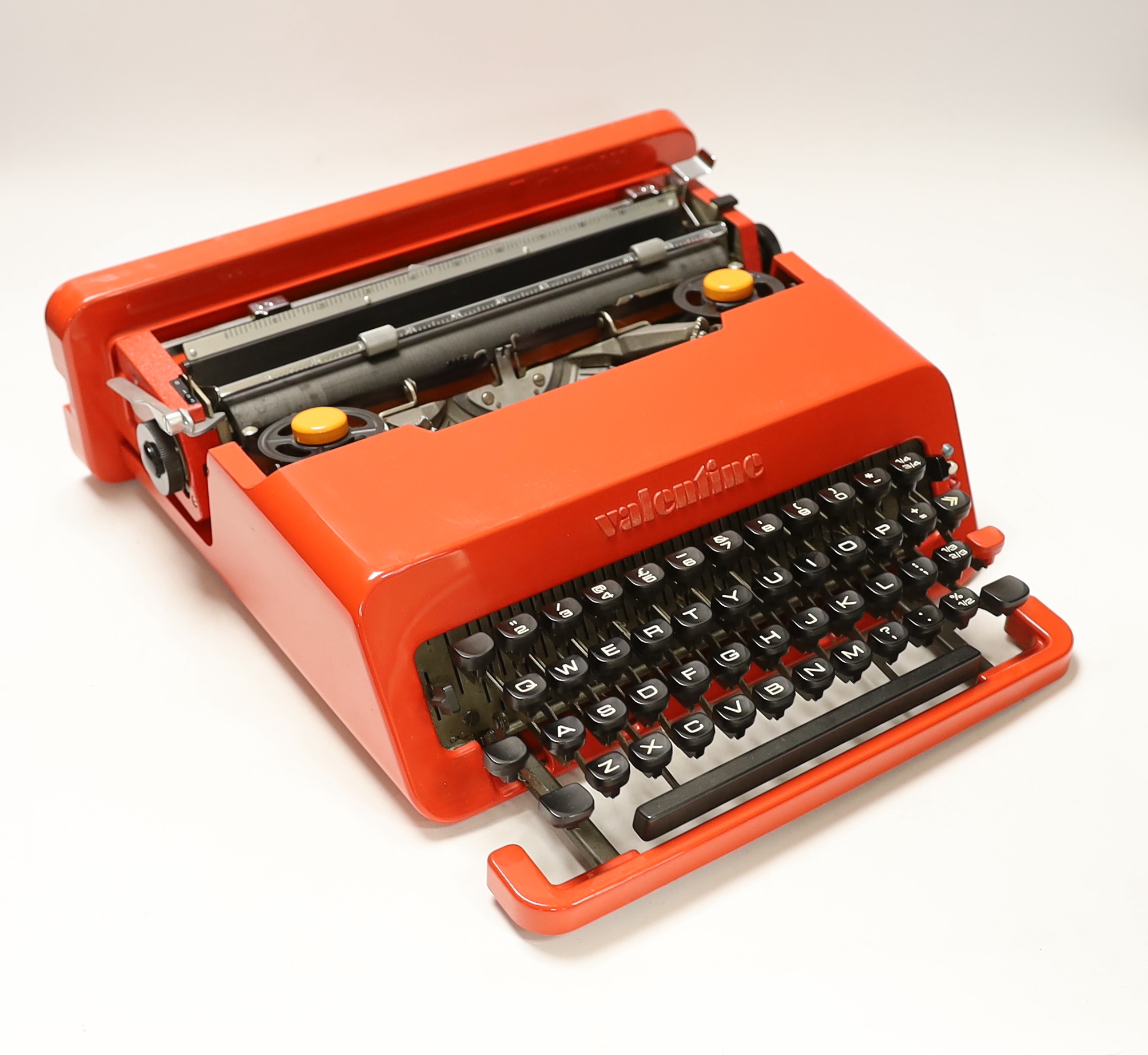 An Olivetti Valentine typewriter in red plastic case